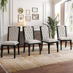 Silla de comedor de lino beige con respaldo alto, capitoné, juego de 4