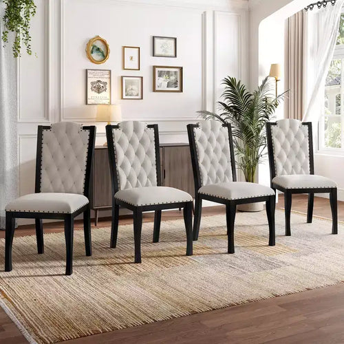 Silla de comedor de lino beige con respaldo alto, capitoné, juego de 4