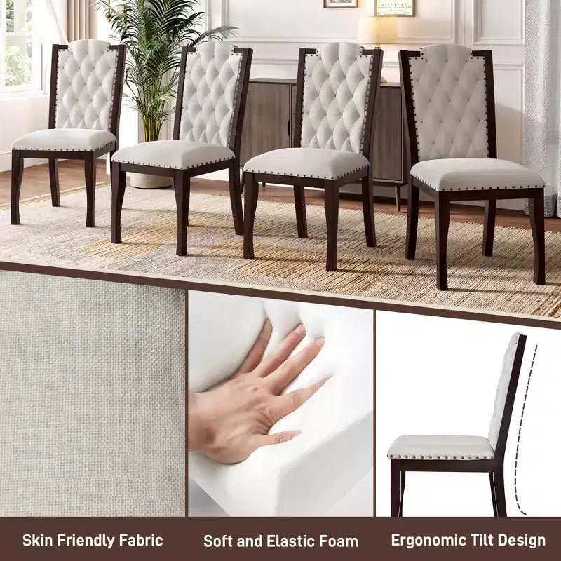 Silla de comedor de lino beige con respaldo alto, capitoné, juego de 4
