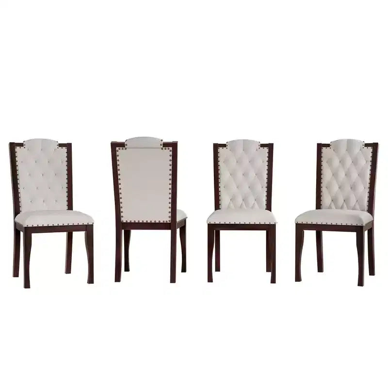Silla de comedor de lino beige con respaldo alto, capitoné, juego de 4