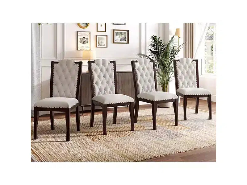 Silla de comedor de lino beige con respaldo alto, capitoné, juego de 4