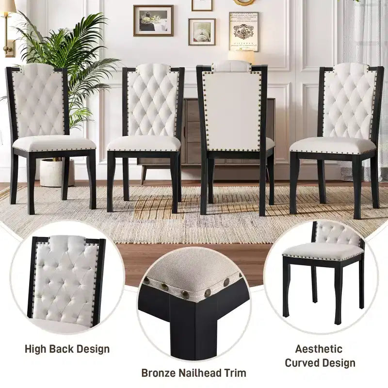 Silla de comedor de lino beige con respaldo alto, capitoné, juego de 4