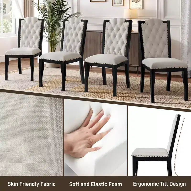 Silla de comedor de lino beige con respaldo alto, capitoné, juego de 4
