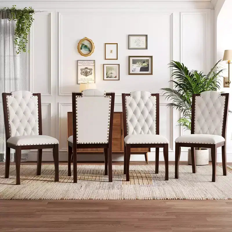 Silla de comedor de lino beige con respaldo alto, capitoné, juego de 4