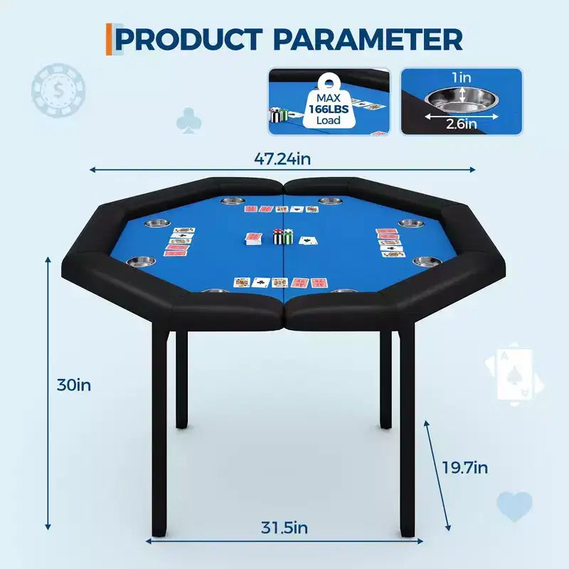 Mesa de póker octogonal plegable negra, 8 jugadores