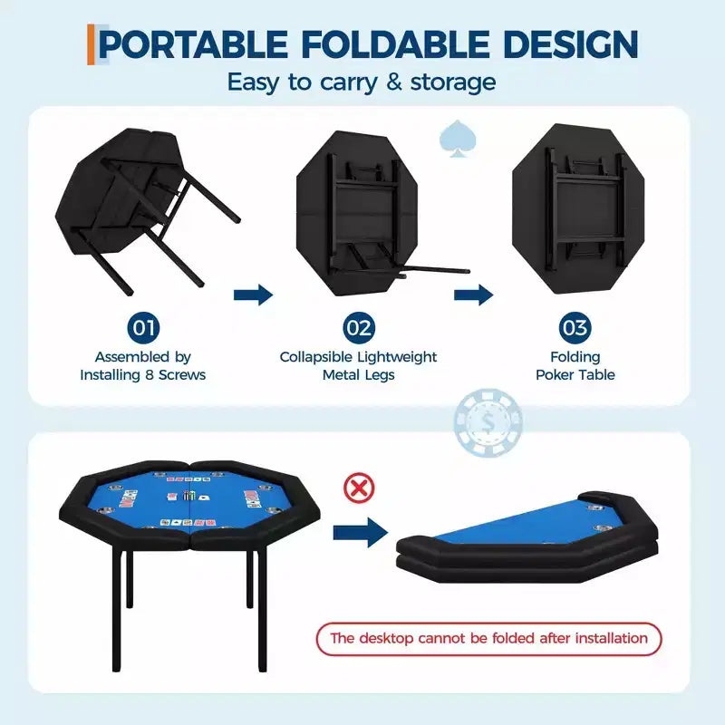 Mesa de póker octogonal plegable negra, 8 jugadores