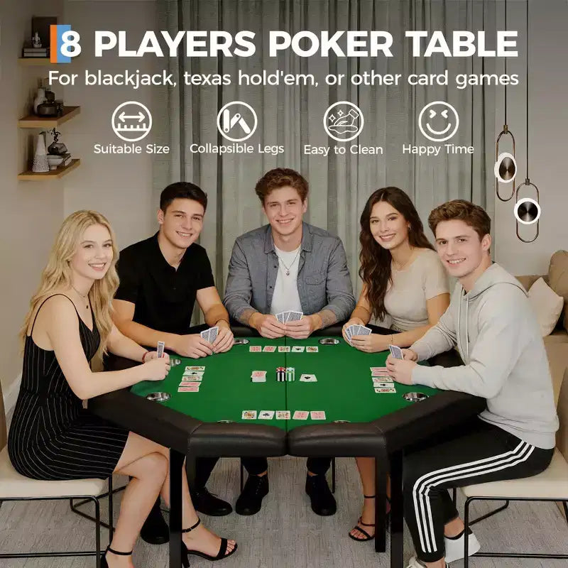 Mesa de póker octogonal plegable negra, 8 jugadores