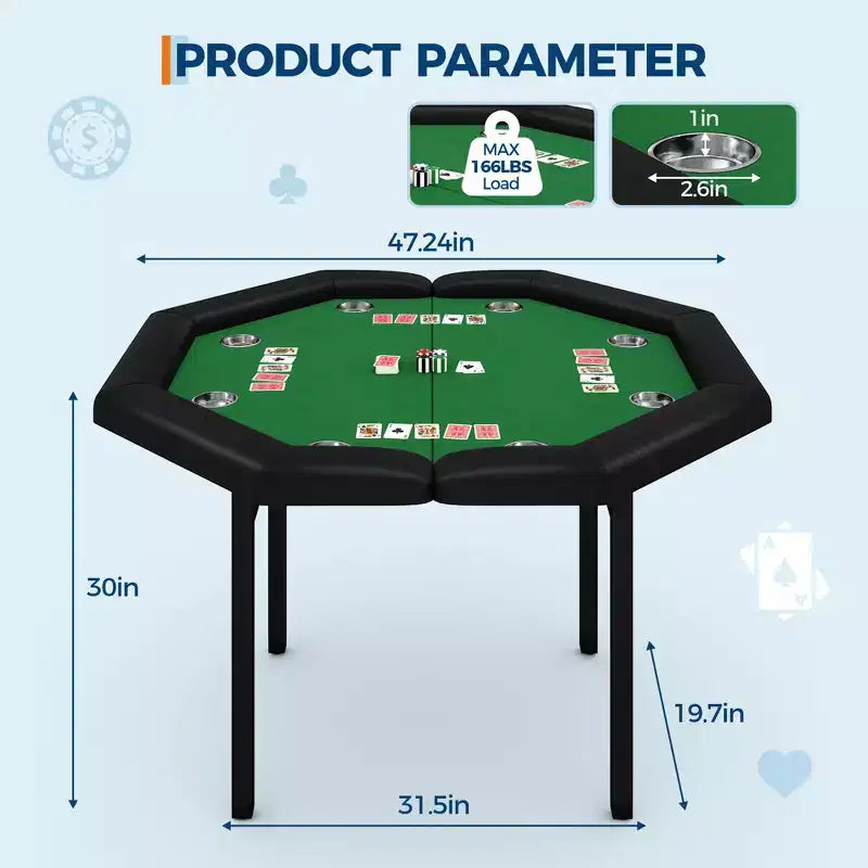 Mesa de póker octogonal plegable negra, 8 jugadores