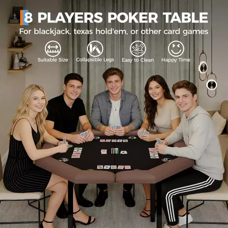 Mesa de póker octogonal plegable negra, 8 jugadores