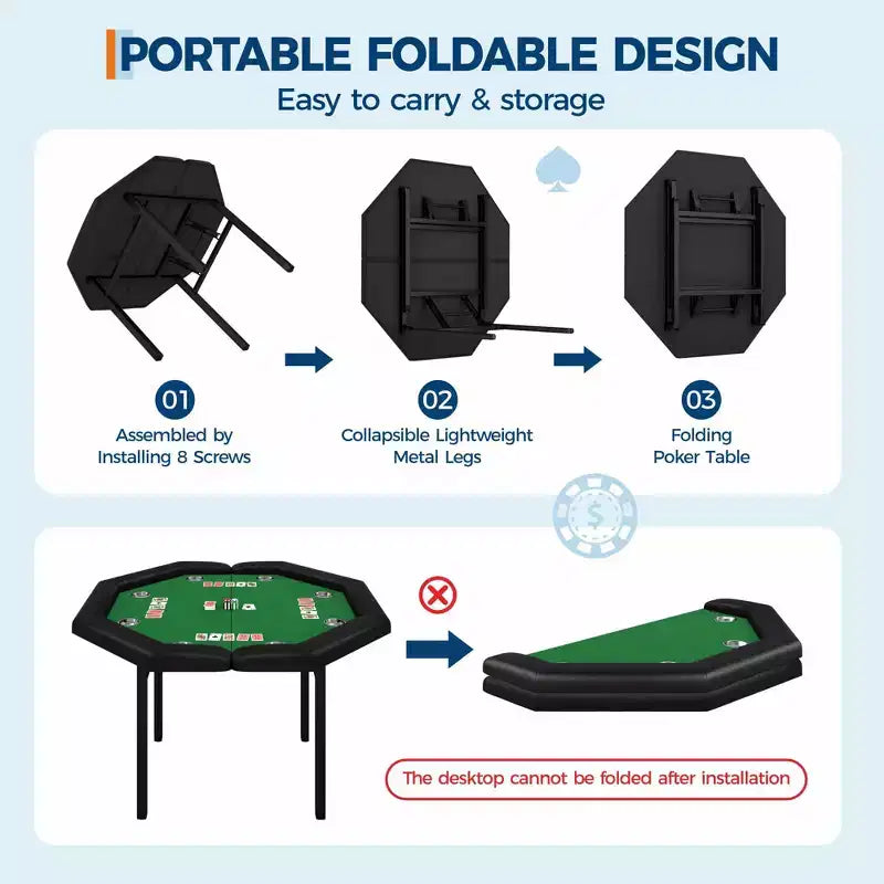 Mesa de póker octogonal plegable negra, 8 jugadores