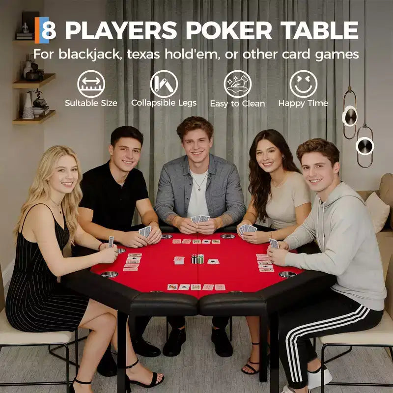 Mesa de póker octogonal plegable negra, 8 jugadores