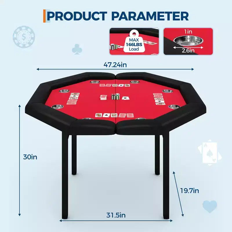 Mesa de póker octogonal plegable negra, 8 jugadores