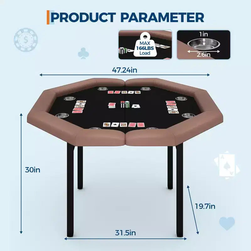 Mesa de póker octogonal plegable negra, 8 jugadores