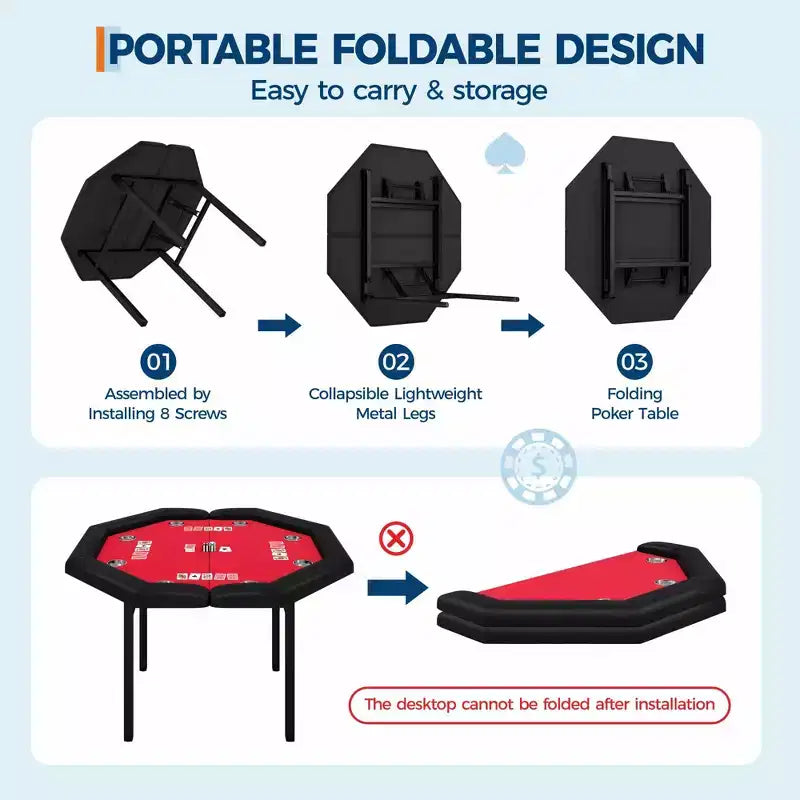 Mesa de póker octogonal plegable negra, 8 jugadores