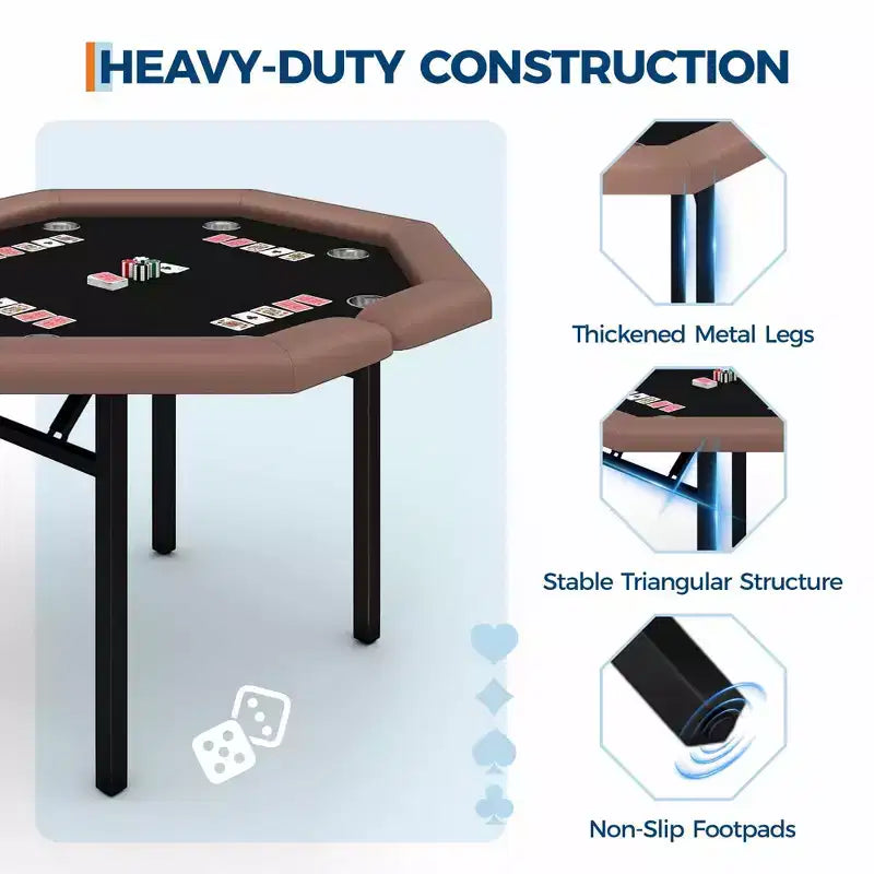 Mesa de póker octogonal plegable negra, 8 jugadores