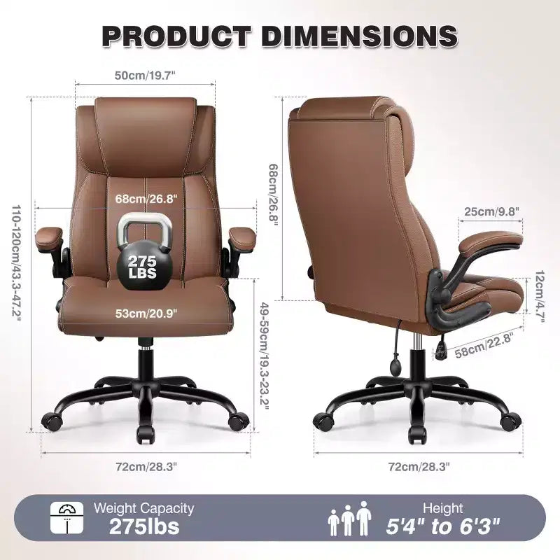 Silla de oficina de cuero de respaldo alto, color negro/marrón/gris claro, con brazos abatibles, para 1 persona