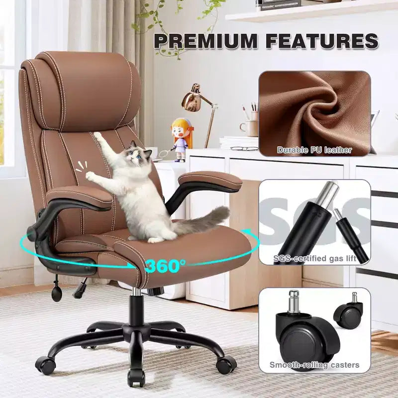 Silla de oficina de cuero de respaldo alto, color negro/marrón/gris claro, con brazos abatibles, para 1 persona