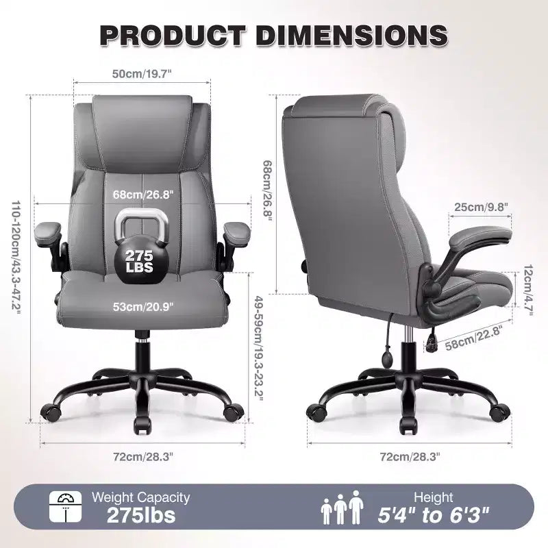 Silla de oficina de cuero de respaldo alto, color negro/marrón/gris claro, con brazos abatibles, para 1 persona