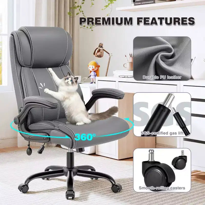 Silla de oficina de cuero de respaldo alto, color negro/marrón/gris claro, con brazos abatibles, para 1 persona
