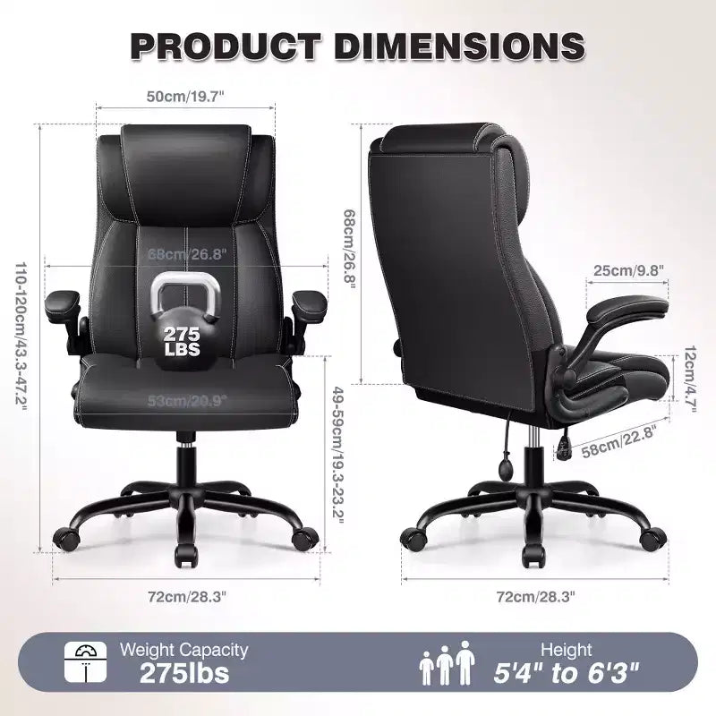 Silla de oficina de cuero de respaldo alto, color negro/marrón/gris claro, con brazos abatibles, para 1 persona