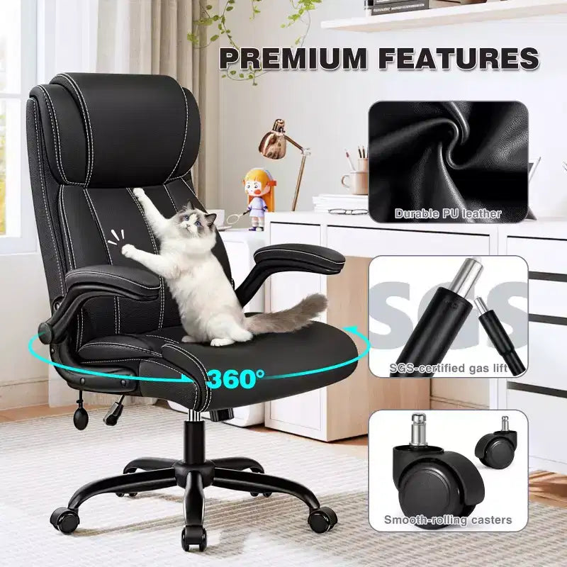 Silla de oficina de cuero de respaldo alto, color negro/marrón/gris claro, con brazos abatibles, para 1 persona