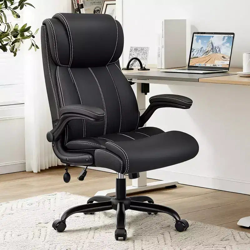 Silla de oficina de cuero de respaldo alto, color negro/marrón/gris claro, con brazos abatibles, para 1 persona