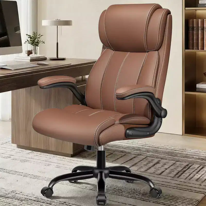 Silla de oficina de cuero de respaldo alto, color negro/marrón/gris claro, con brazos abatibles, para 1 persona