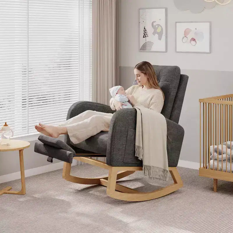 Sillón mecedora deslizante tapizado con bolsillo lateral, estructura de madera, 1 asiento, varios colores