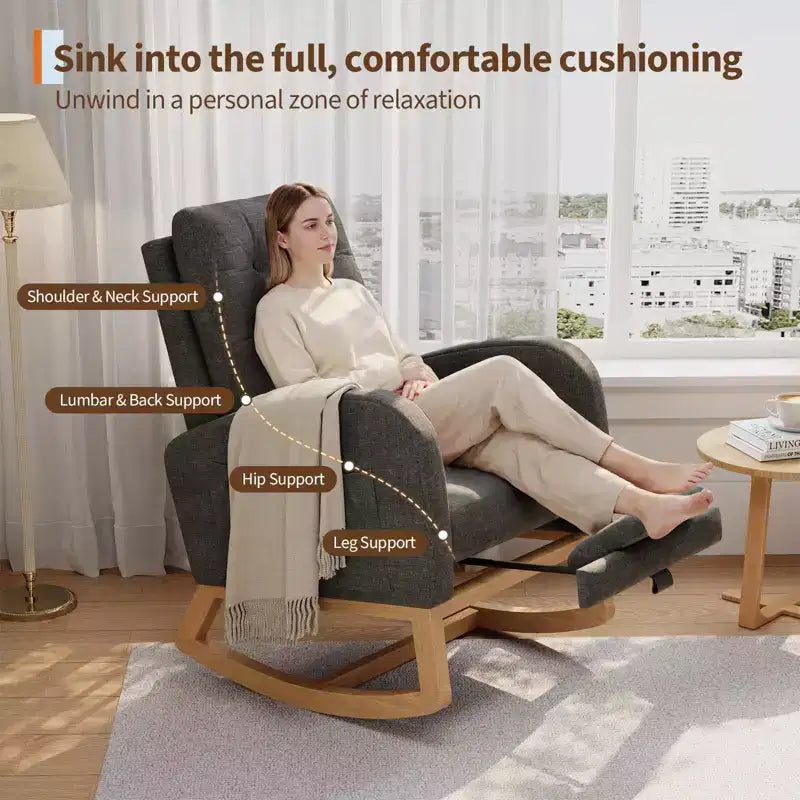Sillón mecedora deslizante tapizado con bolsillo lateral, estructura de madera, 1 asiento, varios colores