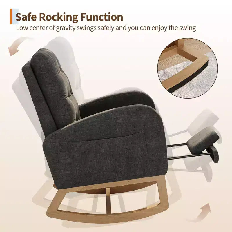 Sillón mecedora deslizante tapizado con bolsillo lateral, estructura de madera, 1 asiento, varios colores