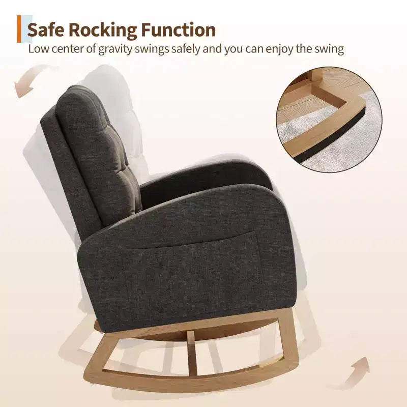 Sillón mecedora deslizante tapizado con bolsillo lateral, estructura de madera, 1 asiento, varios colores