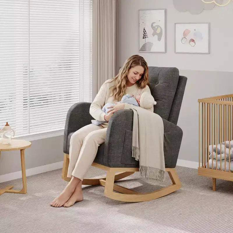 Sillón mecedora deslizante tapizado con bolsillo lateral, estructura de madera, 1 asiento, varios colores