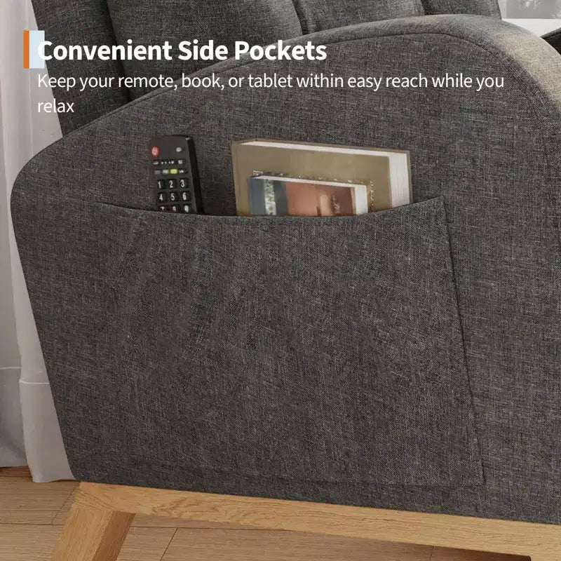 Sillón mecedora deslizante tapizado con bolsillo lateral, estructura de madera, 1 asiento, varios colores