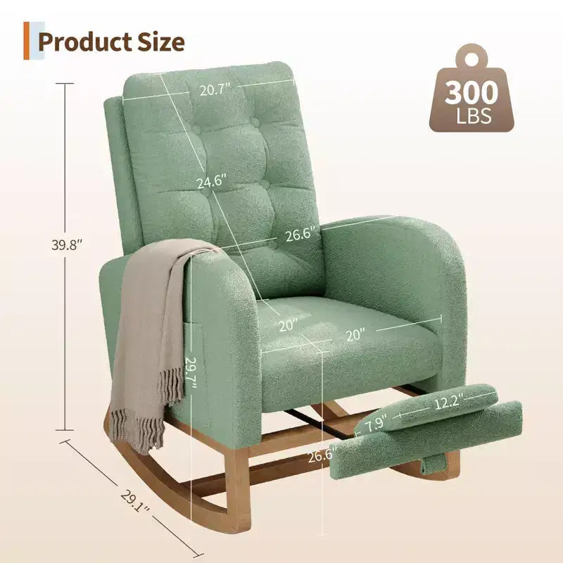 Sillón mecedora deslizante tapizado con bolsillo lateral, estructura de madera, 1 asiento, varios colores