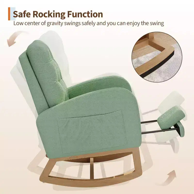 Sillón mecedora deslizante tapizado con bolsillo lateral, estructura de madera, 1 asiento, varios colores