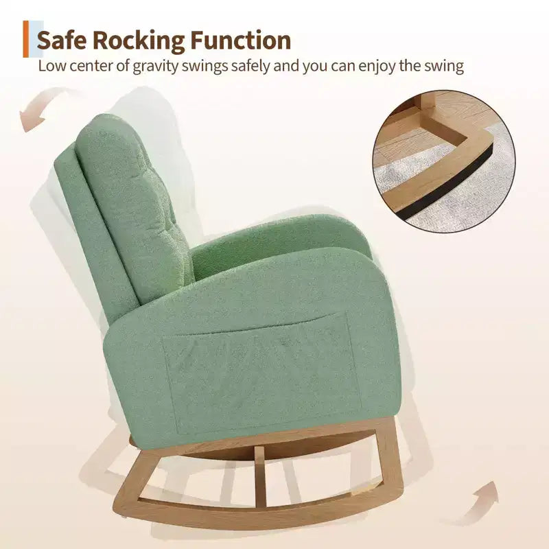 Sillón mecedora deslizante tapizado con bolsillo lateral, estructura de madera, 1 asiento, varios colores
