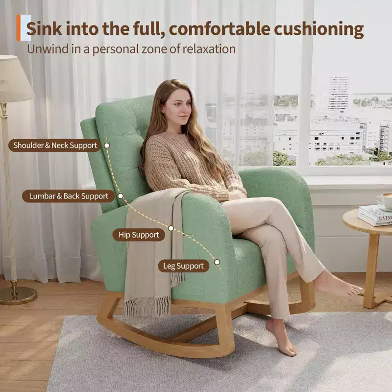 Sillón mecedora deslizante tapizado con bolsillo lateral, estructura de madera, 1 asiento, varios colores