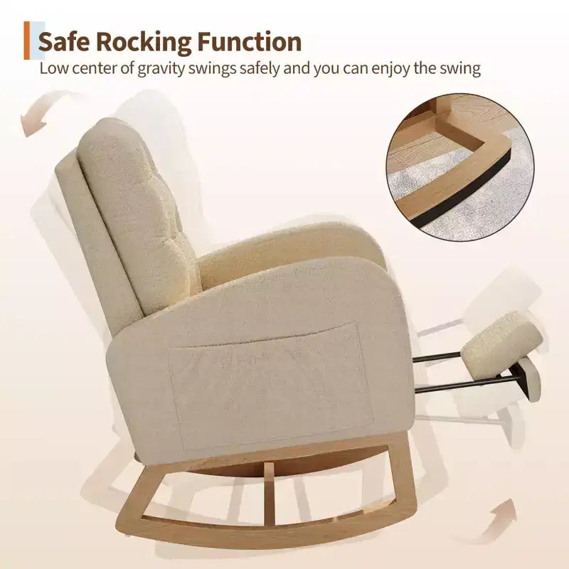 Sillón mecedora deslizante tapizado con bolsillo lateral, estructura de madera, 1 asiento, varios colores