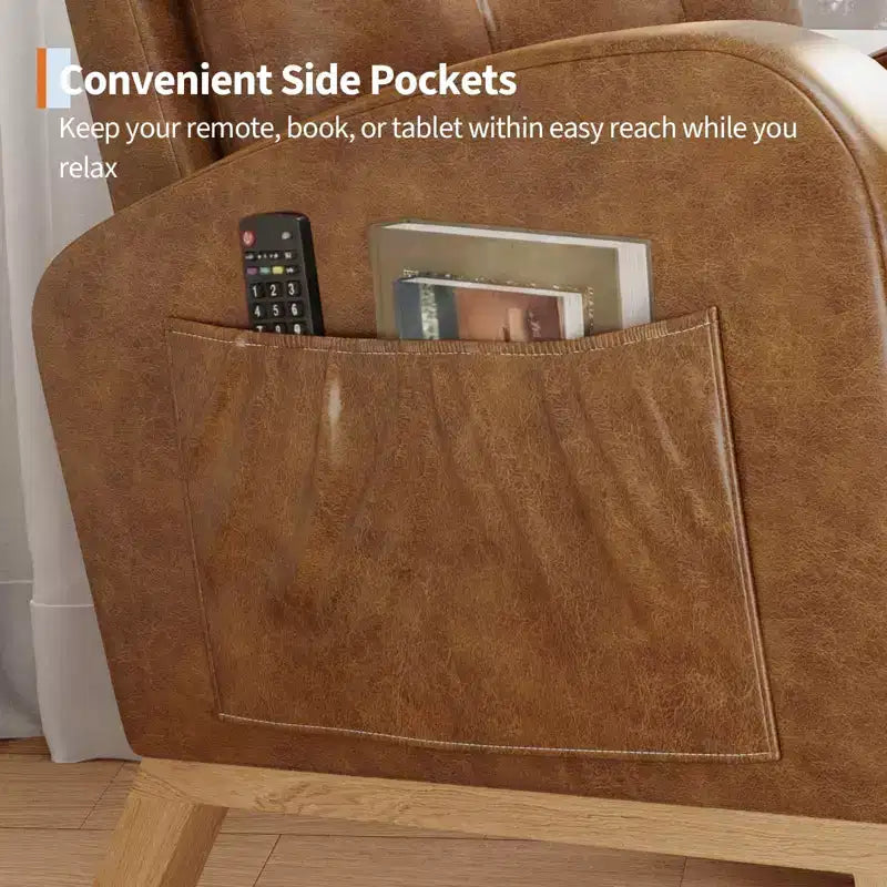 Sillón mecedora deslizante tapizado con bolsillo lateral, estructura de madera, 1 asiento, varios colores