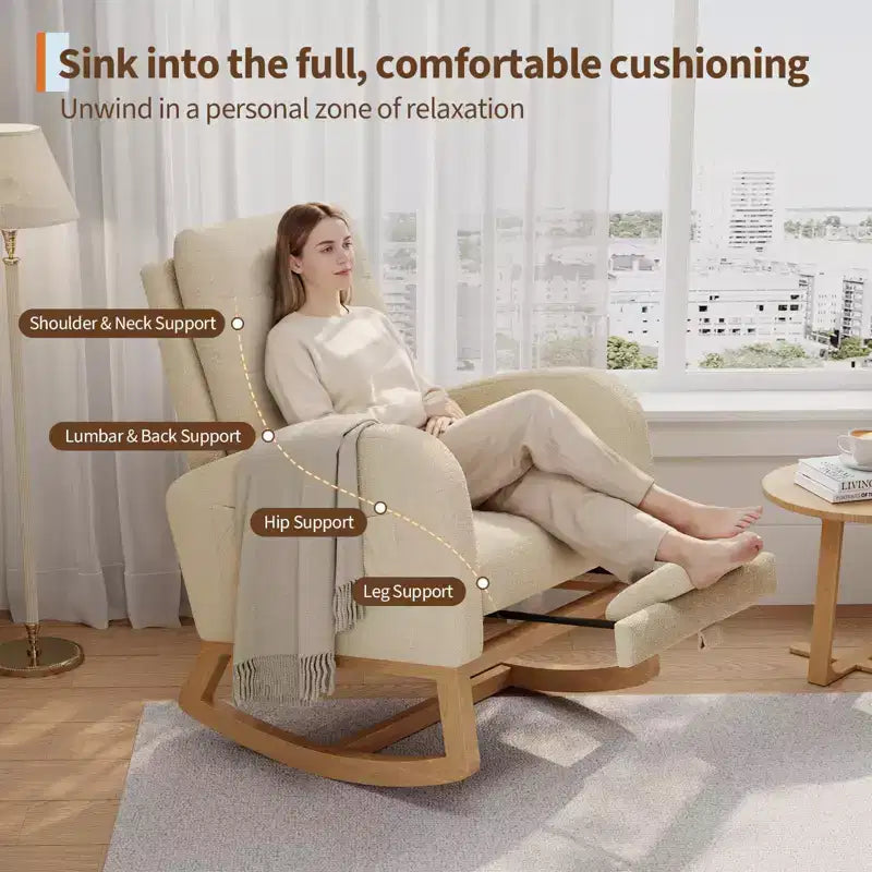 Sillón mecedora deslizante tapizado con bolsillo lateral, estructura de madera, 1 asiento, varios colores