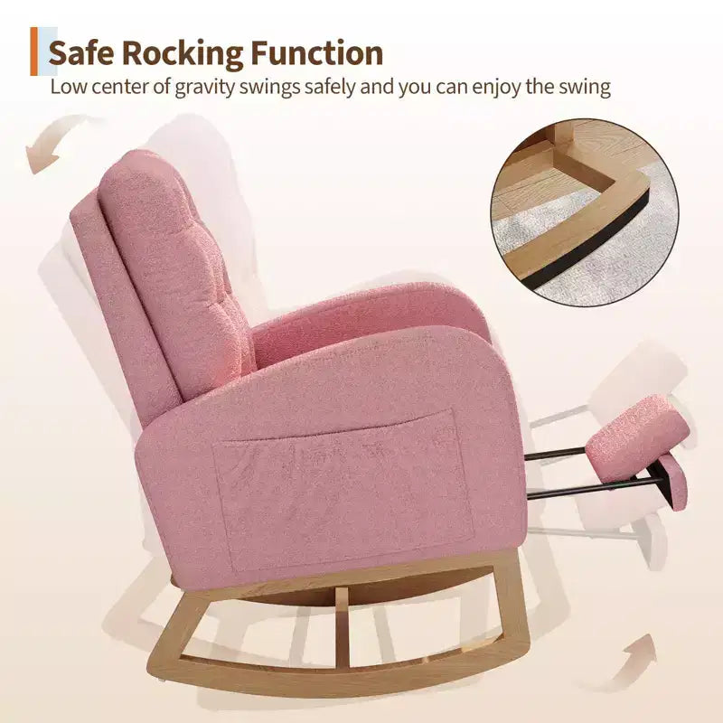 Sillón mecedora deslizante tapizado con bolsillo lateral, estructura de madera, 1 asiento, varios colores