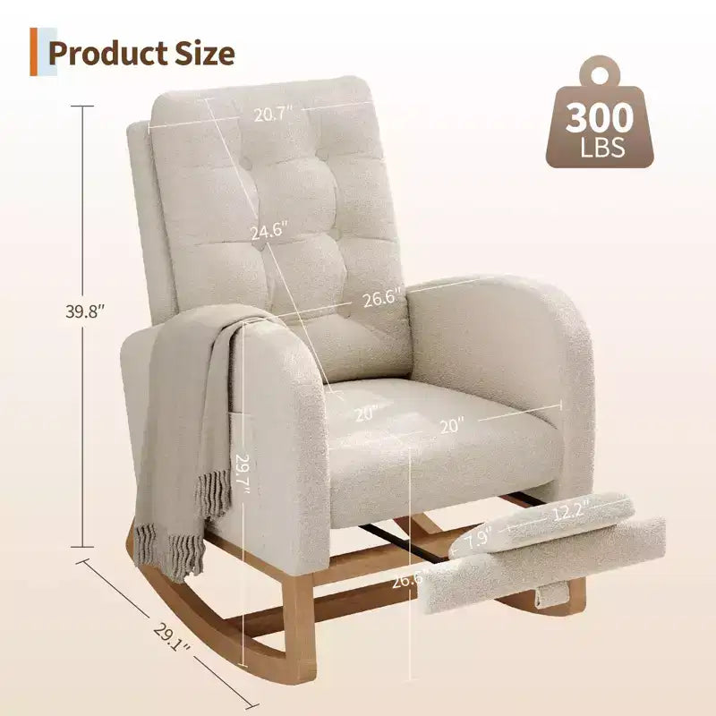 Sillón mecedora deslizante tapizado con bolsillo lateral, estructura de madera, 1 asiento, varios colores