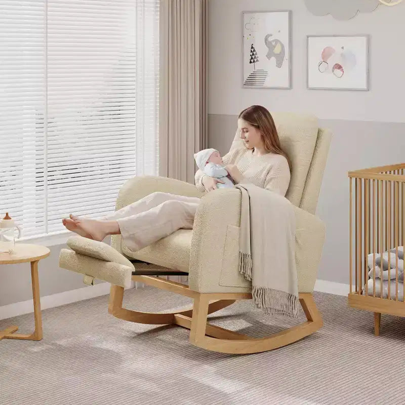 Sillón mecedora deslizante tapizado con bolsillo lateral, estructura de madera, 1 asiento, varios colores