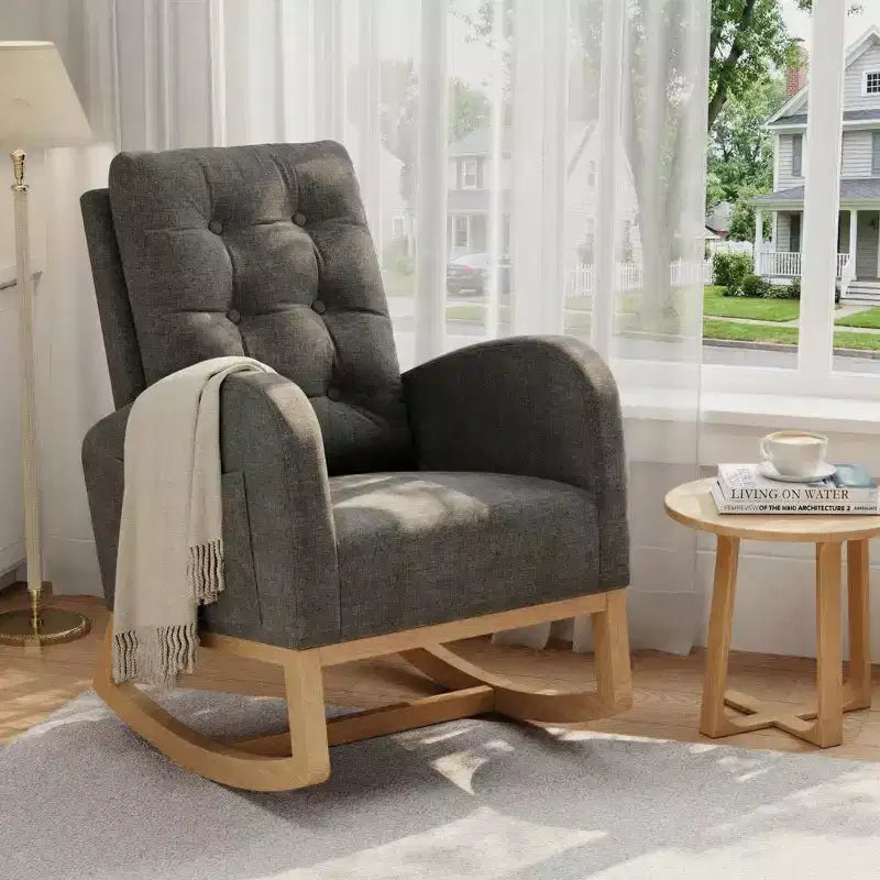 Sillón mecedora deslizante tapizado con bolsillo lateral, estructura de madera, 1 asiento, varios colores