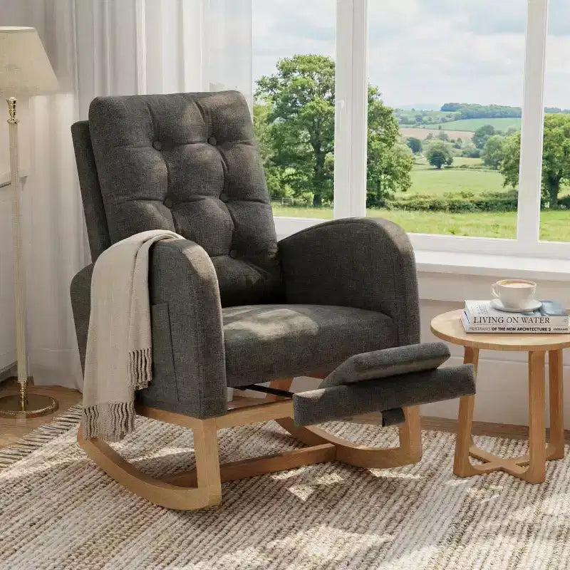 Sillón mecedora deslizante tapizado con bolsillo lateral, estructura de madera, 1 asiento, varios colores