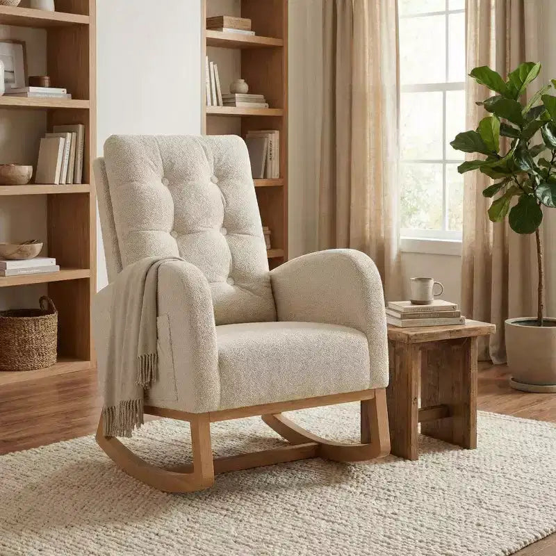 Sillón mecedora deslizante tapizado con bolsillo lateral, estructura de madera, 1 asiento, varios colores