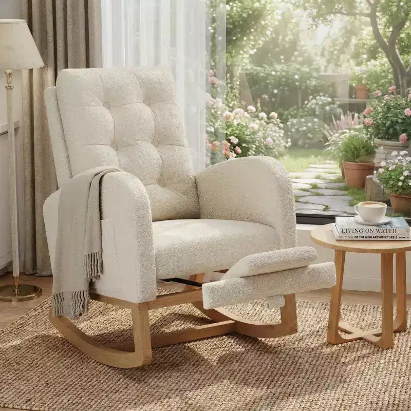 Sillón mecedora deslizante tapizado con bolsillo lateral, estructura de madera, 1 asiento, varios colores