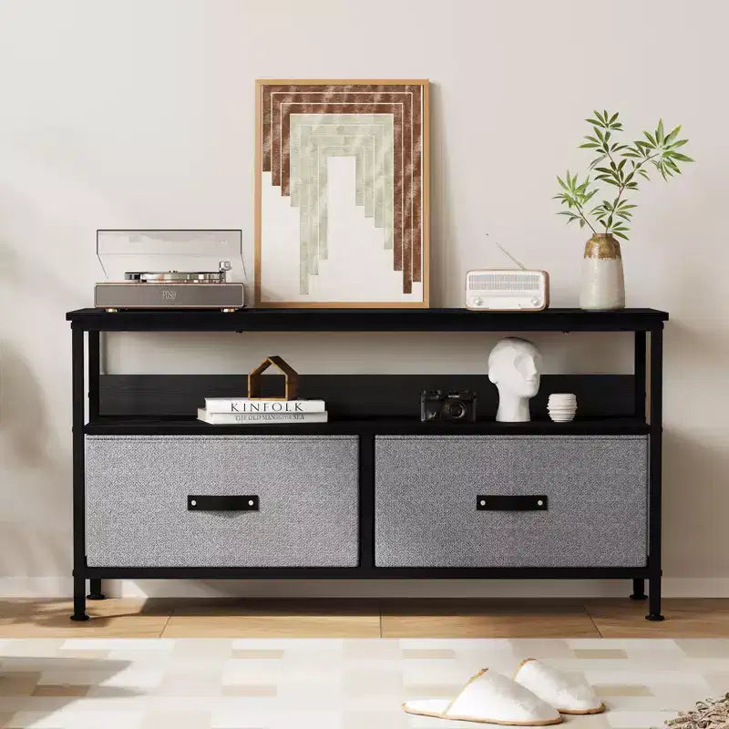 Mueble de TV apto para televisores de 32 a 55 pulgadas - 2 cajones de tela, pequeño mueble multimedia con compartimento abierto y patas ajustables para dormitorio o sala de estar