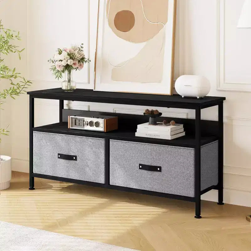 Mueble de TV apto para televisores de 32 a 55 pulgadas - 2 cajones de tela, pequeño mueble multimedia con compartimento abierto y patas ajustables para dormitorio o sala de estar
