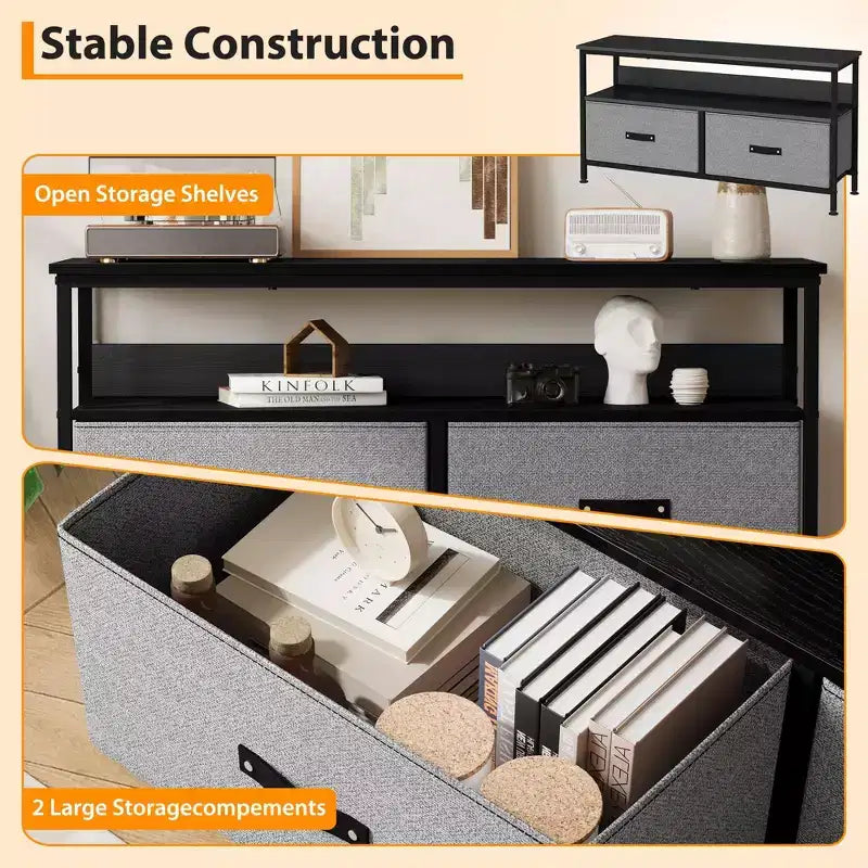 Mueble de TV apto para televisores de 32 a 55 pulgadas - 2 cajones de tela, pequeño mueble multimedia con compartimento abierto y patas ajustables para dormitorio o sala de estar